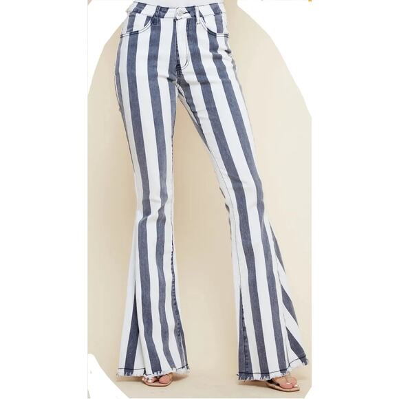 Saints & Hearts Blue + White Stripe Bell Bottom Flare Frayed Hem Jeans - Large - Picture 1 of 10
